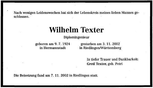 Texter Wilhelm 1924-2002 Todesanzeige